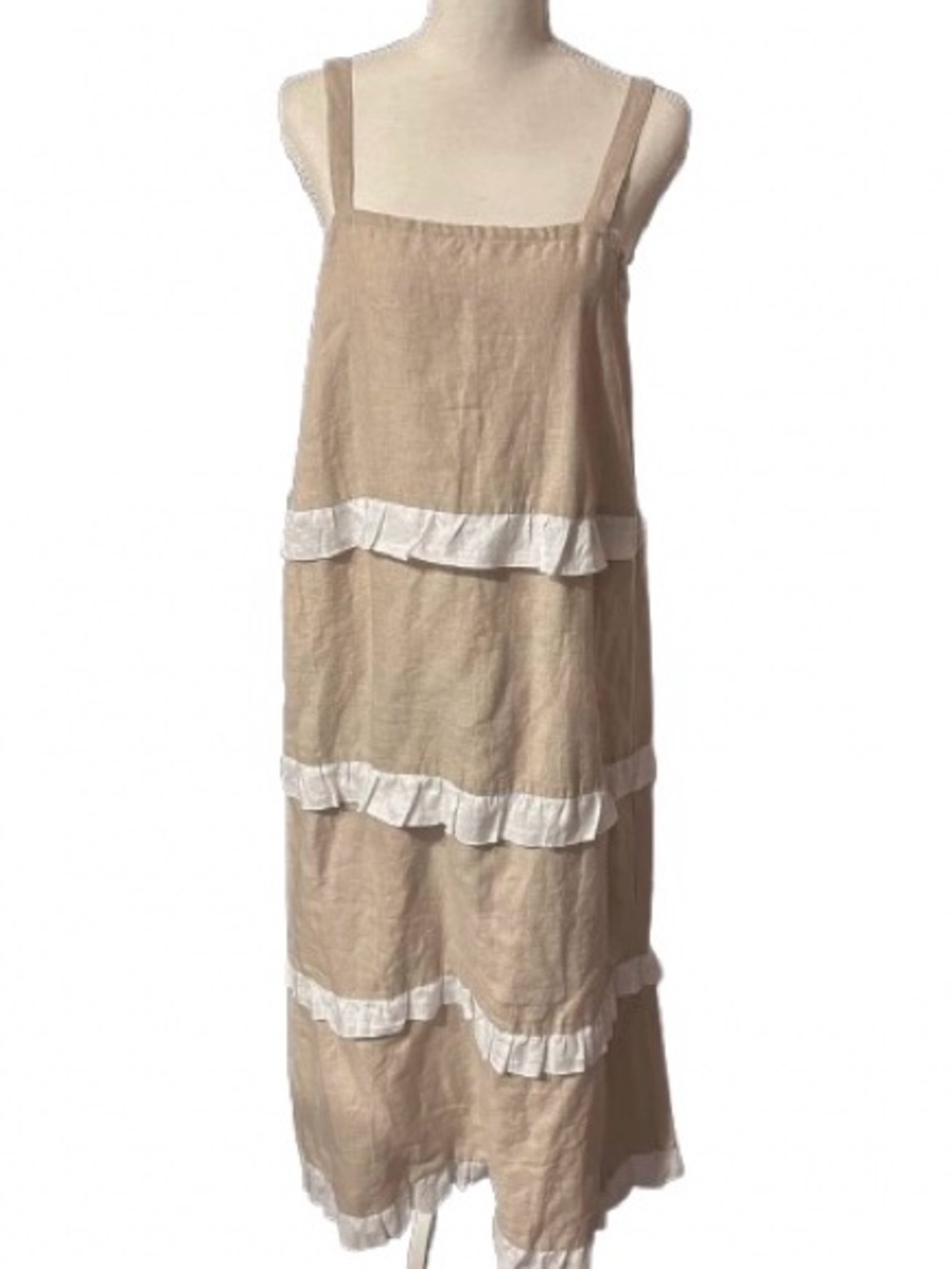 100% Linen Ruffles LJC Designs Dress Maxi Midi Resort Wear Cream Tan Medium